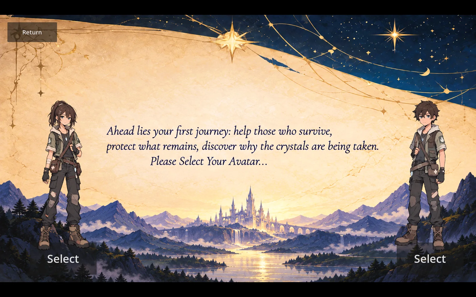 Novabia avatar selection and first journey screen